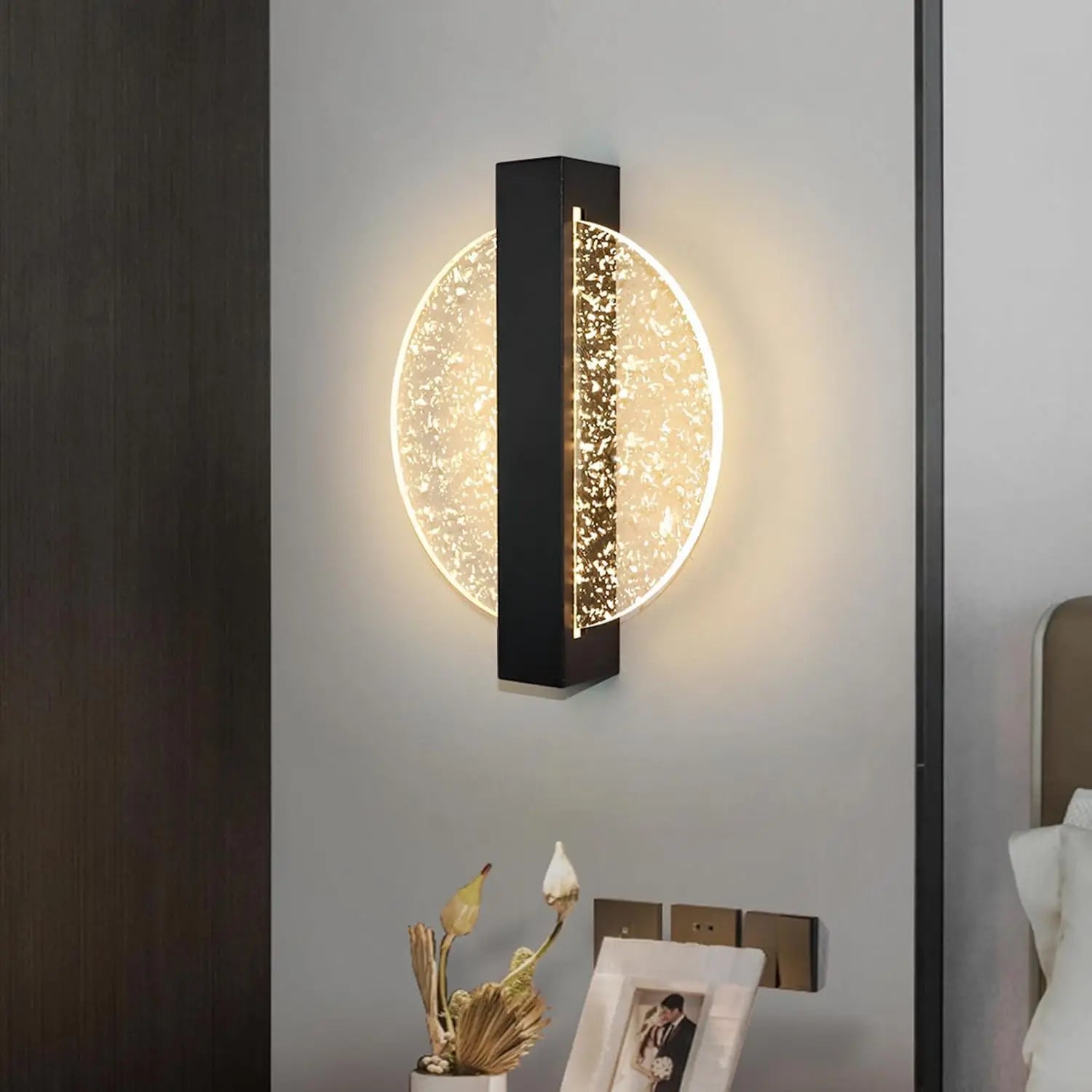 Modern LED Wall Light with Silver Leaf, round Black, Acrylic, Warm Light 3500K, for Bedroom Living Room